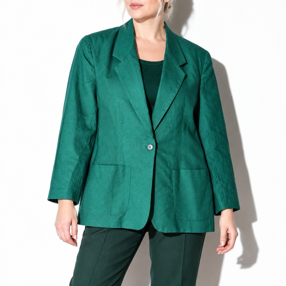 90s Vintage Emerald Green Linen Cotton Blazer Womens 16 Relaxed Fit Chaus Office
